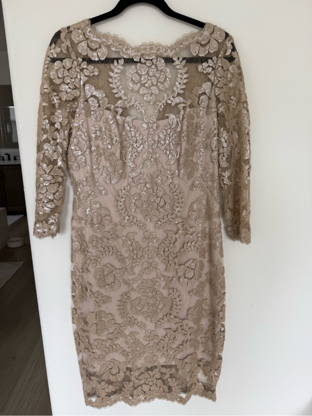 Tadashi Shoji Nude Lace Midi Dress with Illusion Yoke